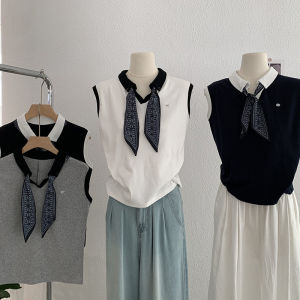 Oumale Korean Style Color Block Collar T-Shirt Sleeveless Top with Scarf Summer New Womens Fashion Straight Cotton Shirt