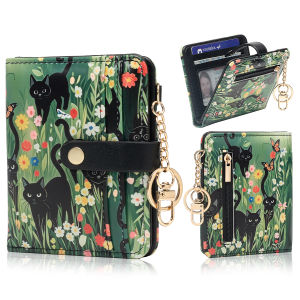 Black Cat Flower Pattern Rfid Womens Wallet Ultra-Thin Compact Credit Card Wallet with Key Chain Pu Leather Folded Zipper Coin Bag Id Card Transparent Window Suitable for Women/Girls/Girls