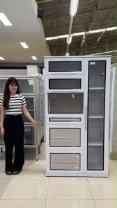 Livinghome FurnitureMall ตู้เก็บจาน ตู้กับข้าว ตู้เก็บของในครัว ขนาด 100x48x189 ซม. รุ่น A-40 สีอบขาว/เทาลายผ้า