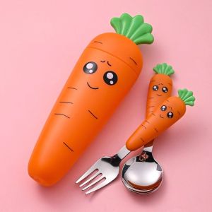 1pcs cartoon radish stainless steel spoon and fork plastic handle childrens tableware with storage box