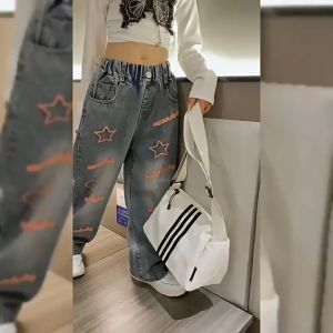 Girls Fashion Casual Denim Pants Jeans For Kids Clothing Garterized Maong Pants 6-16 Years Old Loose Pants High Waist Baggy Pants Korean New Style