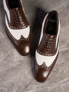 Men Brogue Patchwork Leather Shoes Mens Genuine Leather Formal British Black and White Color Matching Champagne Oxford Shoes Business