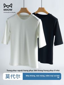 MiiOW | Áo thun nữ tay ngắn cổ tròn rộng rãi mùa hè 2025 Áo thun cotton Modal co giãn thoải mái thường ngày Áo thun tay lửng
