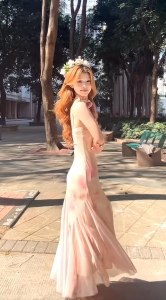 เดรสหางปลาสีชมพู สายเดี่ยว อกแต่งลูกไม้ มีซับในเต็มตัว กระโปรงทรงหางปลา ผ้าตาข่าย ซีทรู Dress พรางหุ่น ชุดไปคาเฟ่ #8121