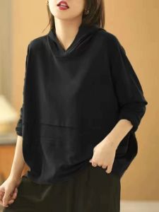 Spring and Autumn Pure Cotton New Arrival Plus Size Fat Sister Flab Hiding Long Sleeves Tops Loose T-shirt Hooded Artsy Slimming Sweatshirt Women