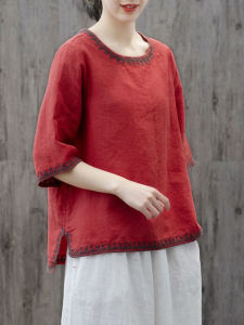 เสื้อยืดคอกลมแขนสั้นผ้าลินินผสมคอตตอนสไตล์วินเทจสำหรับผู้หญิงในช่วงฤดูร้อน เสื้อเชิ้ตแขนยาวทรงหลวมๆ สไตล์วินเทจ