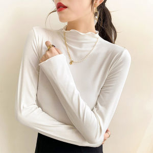 Womens Long Sleeve Modal Base Shirt Half High Collar Tunic Top Spring Autumn Winter Fleece Lined White Inner Wear Fashion