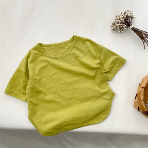 Summer Cotton T-Shirt for Kids Soft Bamboo Rayon Short Sleeve Pure Color Korean Style Baby Boys Girls Loose Fit round Neck Top