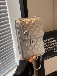 Summer Mini Silver Embroidered Diamond Grid Womens Crossbody Phone Bag Fashion Chain Single Shoulder Diagonal Bags