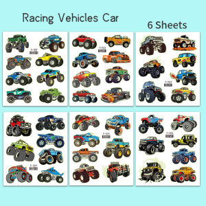6pcs Glow-in-the-Dark Car Tattoo Stickers Monster Truck Racing Buggy Temporary Tattoos Fake Tattoos Cartoon Car Tattoos For Boys