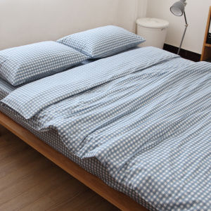 Light Blue Small Grid Japanese Style Pure Cotton Bedding Quilt Cover Pillowcase Full Cotton Duvet Cover Bed Canopy Simple Four-Piece Set