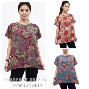 Blue floral print tunic with pink flowers short sleeves loose fit casual wear