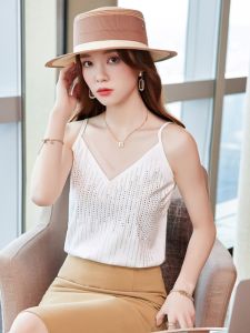 เซ็กซี่ หลวม คอวี ไม่มีสาย น้ําแข็งถัก ผ้าไหม เสื้อท่อนบนมีประกายแวววาว ผู้หญิง ฤดูร้อน แจ๊กเก็ต แขนกุด เสื้อกั๊ก ชุดชั้นใน