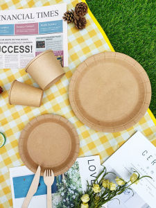 Picnic Plate Disposable Service Plate Outdoor Camping Internet Celebrity Picnic Supplies Tableware Brown Packing Paper Paper Pallet Sub Cake Plate Paper Pallet