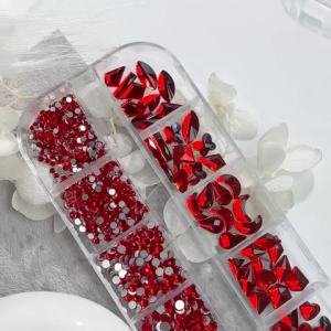 12Grids 3D Christmas Red Random Shape Nail Art Rhinestones Sparkling Glass Flatback Diamond Nail Art Decoration DIY Manicure Gem