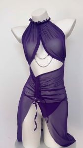 Touching.Me🤩🤩 ชุดนอนเซ็กซี่ ผ้าทูลโปร่งสีม่วง สไตล์คอห้อย กระโปรงเต้นรำกรีด เซ็กซี่และร้อนแรง ชุดนอนสิ่งล่อใจ