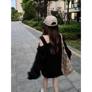 Loose Female Kitty Cat Slant Shoulder Sweatshirt Spring Autumn Casual College Style Fashion Lazy Shoulder Top Trendy Streetwear