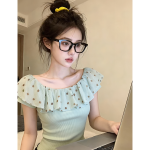 HUOLISI | French Style Polka Dot Ruffle Off-shoulder Slim T-shirt