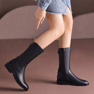 Low Heel Medium Tube Boots Womens Large Size Match All Black round Head Leather Inner And Outer Fleece Lined Half Boot