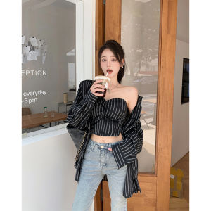 GUZILIAN | Spicy Girl Striped Tube Top Vest Women Early Autumn Small Design Sense Coffee Strip Shirt Upper Two-Piece Set Korean Style