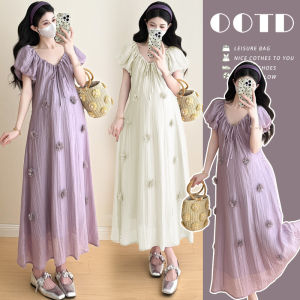 Elegant Maternity Dress V-Neck 3D Flower Long Skirt