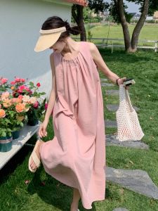 Korean Style Chic Minimalist Pink Sleeveless Dress Womens Summer 2024 New Arrival Elegant Gentle and Comfortable Vest Dress