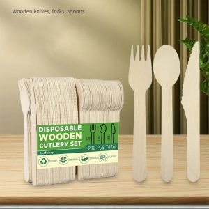 50/100PCS Disposable Tableware Wooden Fruit Cake Forks Ice Cream Spoons Western Steak Knives Weddings Cafes Wooden Tableware