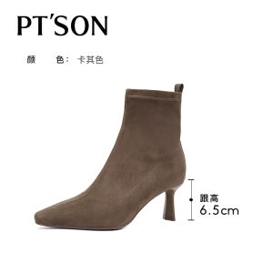 รองเท้าบูทหุ้มข้อหนังวัวชั้นนอกส่วนบนแบบยืดหยุ่นสำหรับผู้หญิง ทรงหัวแหลม หัวเข็มขัด ทรงหัวเข็มขัด รองเท้าบูทฤดูใบไม้ร่วง รองเท้าบูทหุ้มข้อแบบสวมสบาย ทรงหัวแหลม