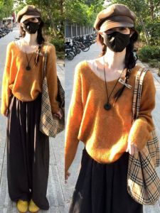 Áo len BINKAFENNY làm bằng vải dệt kim cổ chữ V dáng rộng