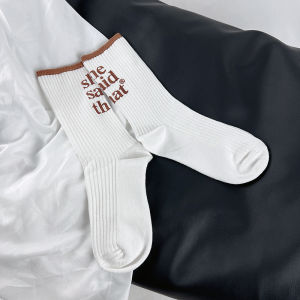 Trendy Brand Womens Mid-Calf Socks Letter Print Simple White College Style Cotton Yarn Thickened Winter Warm Socks