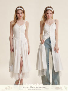 Kroche Summer Long Dress V-neck Lace Patchwork French Lace Waist-cinching Strapless Gown Retro Style High Waist A-line Skirt