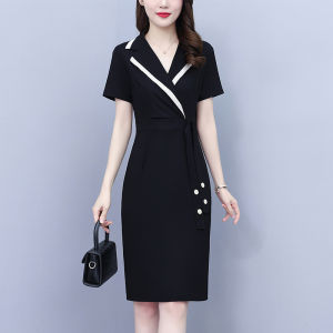 Impression Fashion Store Women Elegant Lapel Collar Colors Patchwork Short Sleeve Lace-up Waist Slit Pencil Midi Plus Size Dress