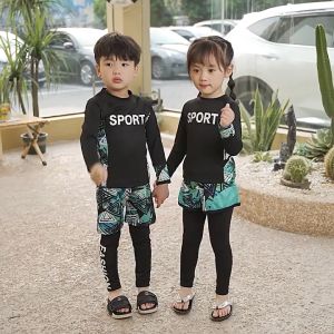 OKADY ชุดว่ายน้ำชายหญิงเสื้อแขนยาวผ่าข้างกางเกงขายาวชุดป้องกันแสงแดด3ชิ้นสำหรับเด็กเด็กผู้หญิงนักเรียนทารก Swimwear1แห้งเร็ว