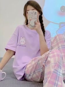 ผ้าฝ้ายแท้ลายการ์ตูนชุดนอนสําหรับผู้หญิงกางเกงขายาวแขนสั้นเหมาะสําหรับทุกฤดูกาลบางส่วนยางรัดกระเป๋าที่กระโปรงผู้หญิง