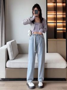 Jeans high waist wanita celana kulot wanita jeans pinggang karet baggy pants premium