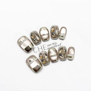 2025 New Handmade Nail Wear Champagne Gold Cats Eye Diamond Daily Commuting Luxury High-End Sensation Whitening 818
