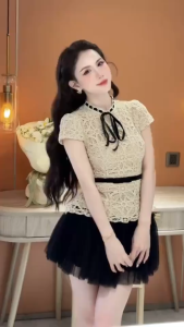 Set công sở nữ sang trọng đồ tiểu thư dự tiệc thanh lịch set áo chất Len Ren cổ tròn tay hến thắt nơ mix chân váy kèm quần