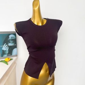 Slim Fit Short Sleeve T-Shirt Womens Summer Thin Knitted Waist Cinched Split Design Korean Style Commute Wind Low round Neck Short Length