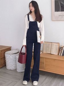 High Waist Wide-Leg Suspender Denim Womens Silm Slim Looking Waist-Tight Long Micro-Pull Spring & Fall Black Straight Draped Pants