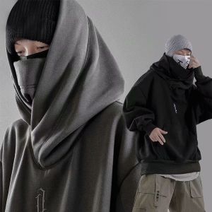M-3XL Mens Japanese Harajuku style Oversized big neck hoodie for men Hip Hop lelaki pullover embroidery sweater mens Korean high-neck long-sleeve hooded big pocket tide brand Drop shoulder loose hooded top