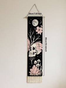 1pc Boho Skull & Moon Black Tapestry Floral Butterfly Mushroom Print Wall Hanging with Tassels Wall Art Decor for Home & Party