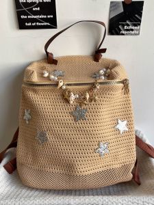 MoonCat Original Straw Weaving Dual Shoulder Bag Beach Travel Star Shell Niche Design Personality Commuting Backpack