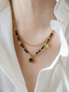 French Vintage Double Layer Natural Tiger Eye Stone Necklace Womens Gold Plated 18K Hypoallergenic Fading-resistant Fashion Jewelry
