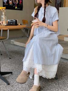 French Sweet Striped Short Sleeve Shirt Dress Women Summer Beach Vacation Style Loose Slim A-Line Skirt Polyester Fiber High Waist