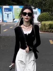 Spring Autumn Winter Womens Short Sleeve Square Collar Base Shirt Long Sleeve Inner Wear T-Shirt Fake Two-Piece Trendy Top