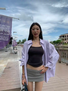 ❣Fortunee ❣ เสื้อเชิ้ตแขนยาวผู้หญิง ลายทางสีม่วง ทรงหลวม ลำลอง ใส่เป็นเสื้อกันแดดได้