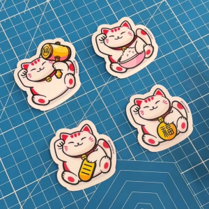 Maneki-Neko Beckoning Cat. Lucky Wealth Fortune Stickers. Paw Waving Gold Coin Nugget Rice Bowl Magic Mallet Hammer.