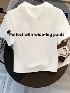 LINGLONGDAI | Pure Cotton Short Sleeve Polo Neck T-Shirt Women Summer Slim Fit Base Shirt Short Style Top Trendy White Color Commute Style