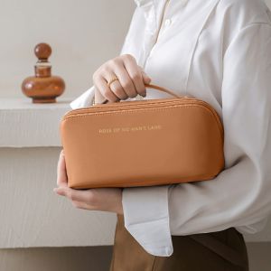 Luxury Blush Pink PU Leather Cosmetic Organizer Bag - Elegant Large Travel Makeup Case