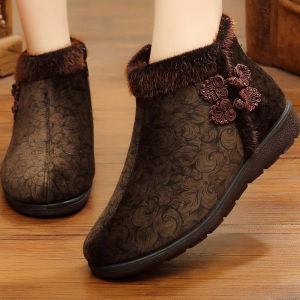 รองเท้าผ้าอู่ฮั่นฤดูหนาวสำหรับผู้หญิง รองเท้าผ้าขนแกะหนา อบอุ่น รองเท้าผ้าขนแกะแบบสวม สไตล์ชาติพันธุ์ รองเท้าผ้าขนแกะสำหรับคุณยาย